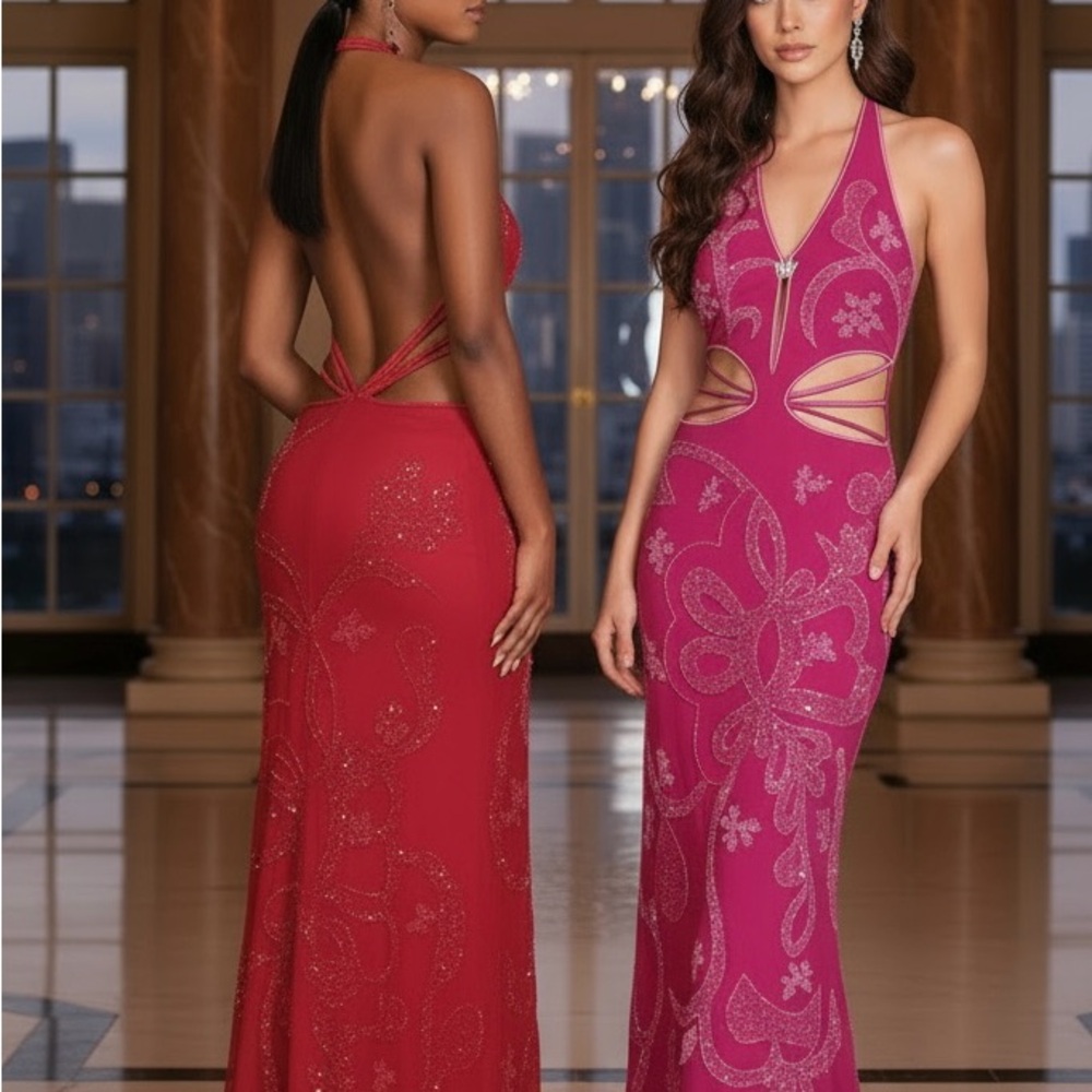 Attitudes by Debra Elegant Pink Halter hand, beaded designer Evening Gown